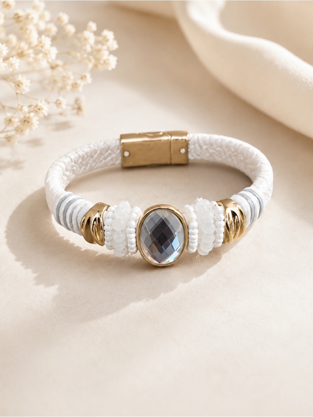 White Textured Leather Wrap Bracelet with Faceted Crystal Accent